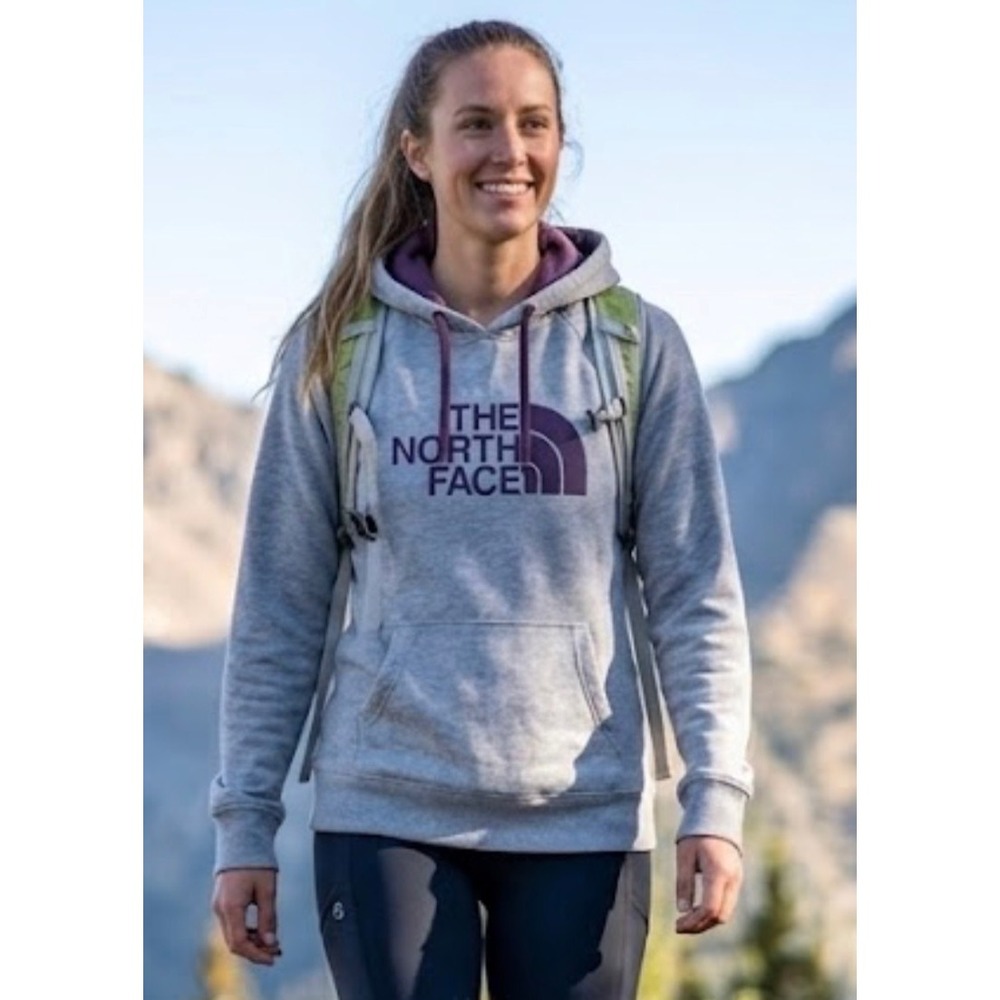 The North Face Womens Gray Purple Logo Pullover Hoodie Size Medium Raglan Sleeve